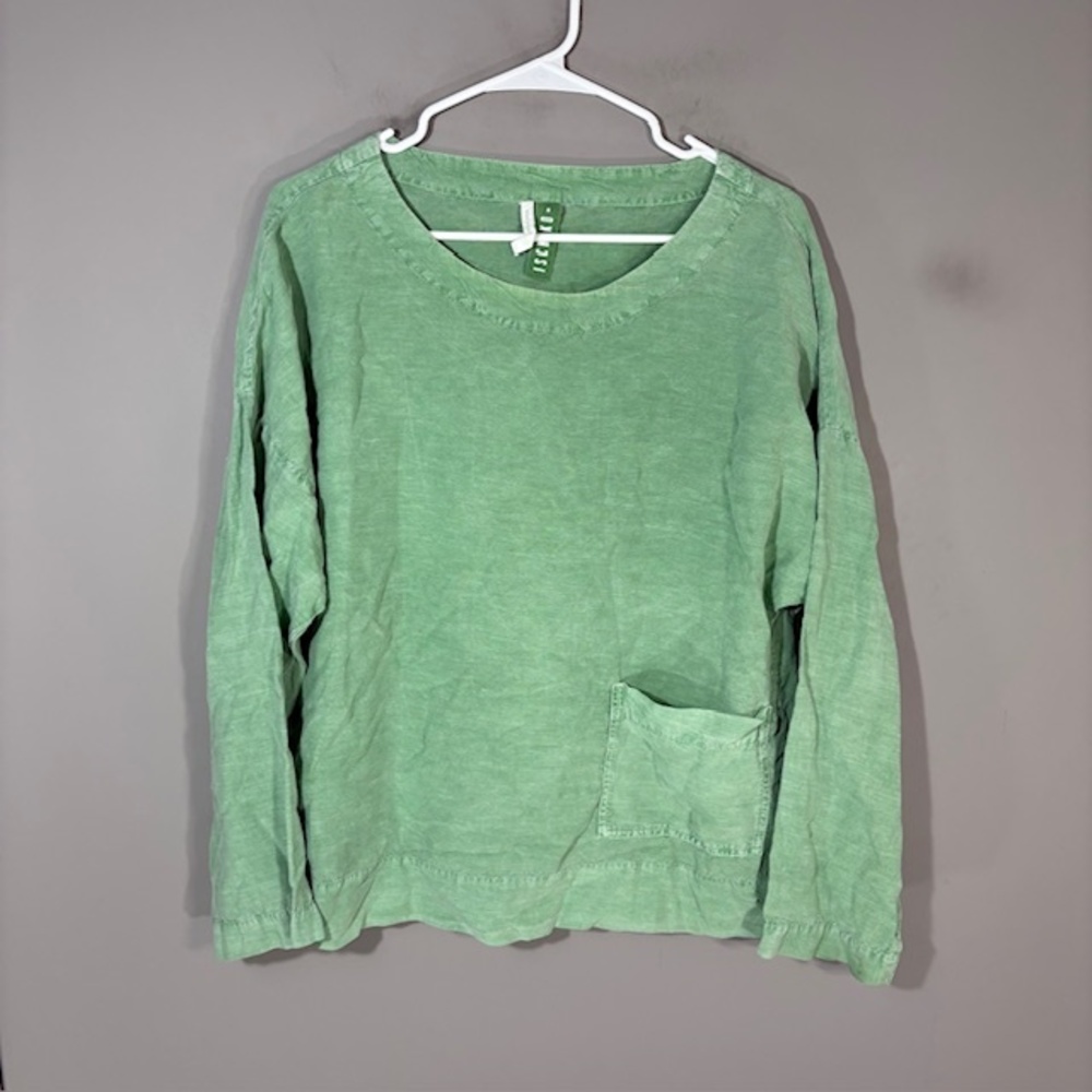 ISCHIKO Tunic Womens 2 Green Lyocell Linen Scoop Neck Pocket Long Sleeve Top